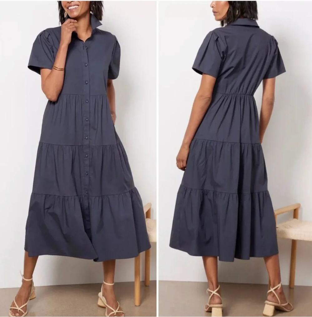 NWOT Evereve Evelyn Grey Poplin Cotton Tiered Button Front Midi Shirt Dress XL